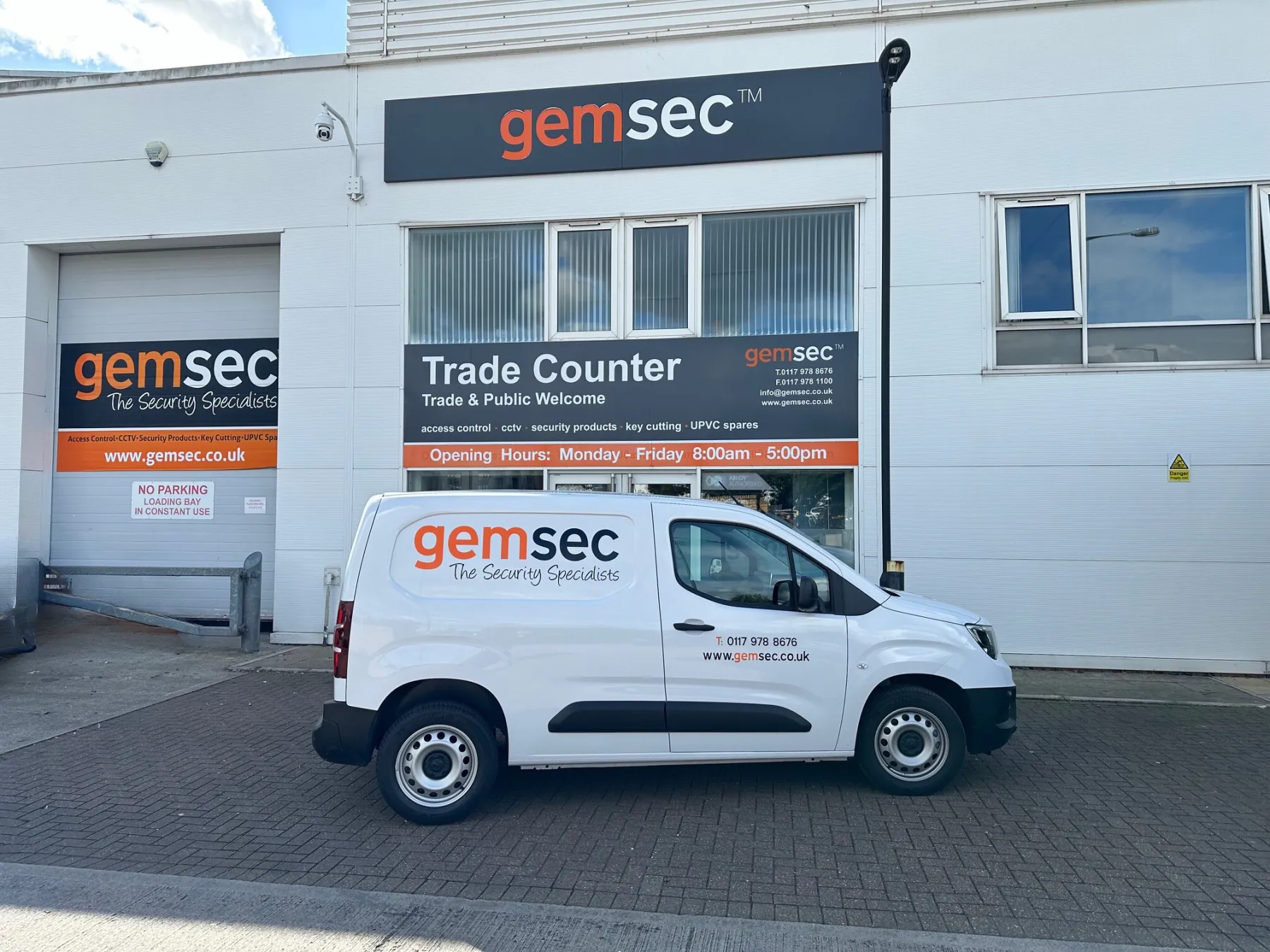 White GemSec business van supplied by ARH outside the client's premises