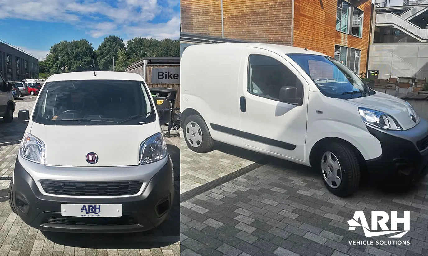Two views of a white Fiat business van supplied by ARH